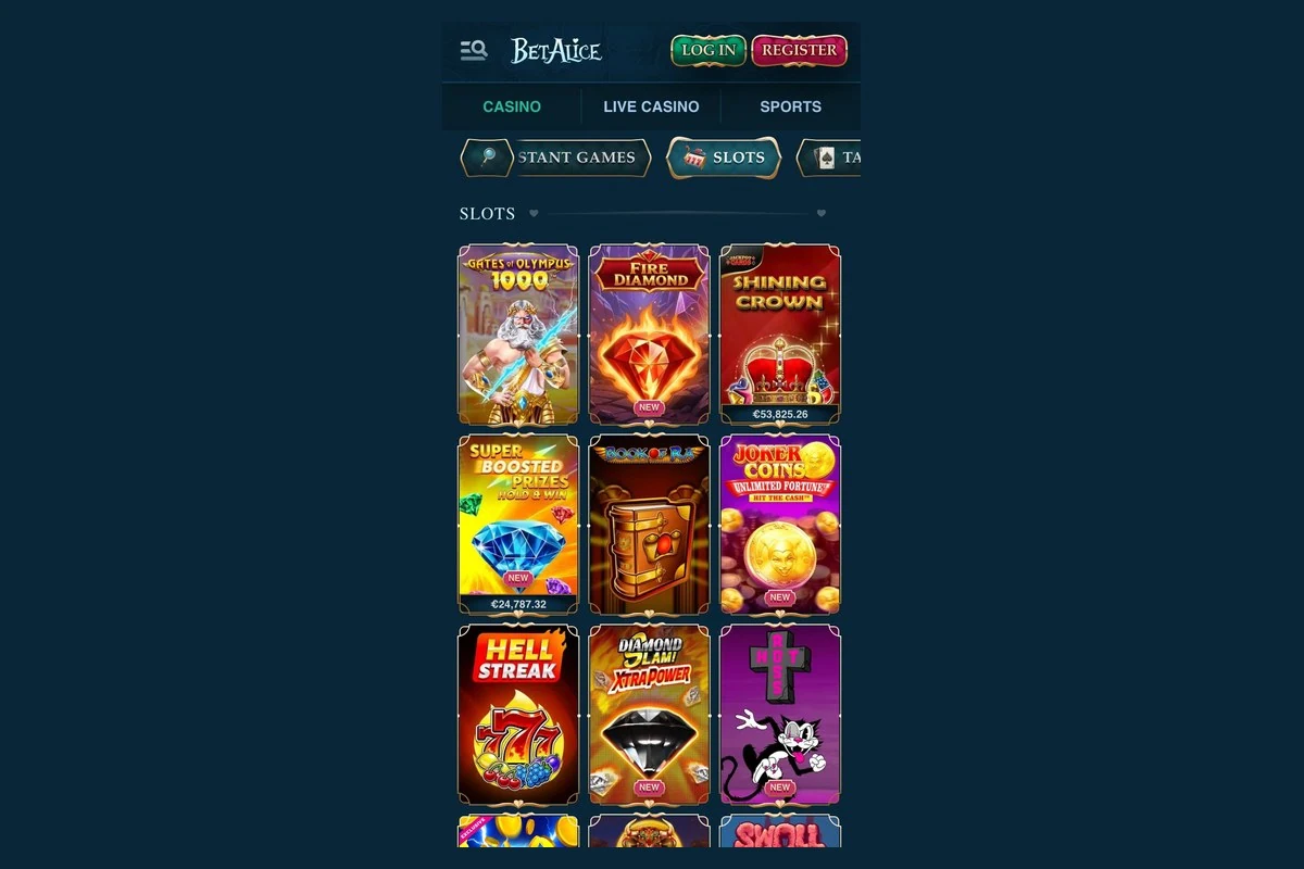 BetAlice im mobilen Browser: Slot-Bereich auf dem Smartphone