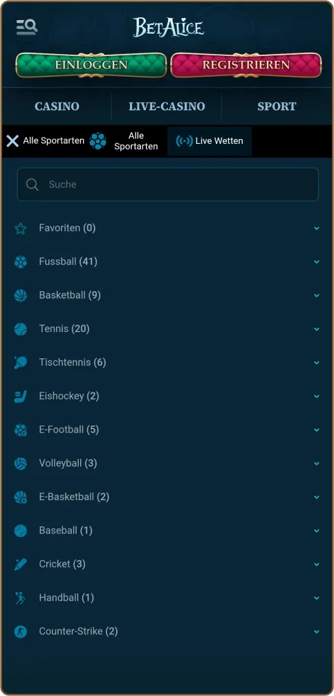 Sportwetten-Angebot im BetAlice Casino